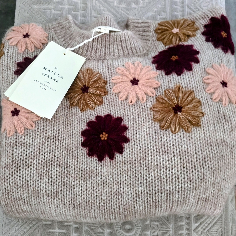 LA MAILLE SÉZANE Suzon Mohair Embroidered Floral Sweater Mottled Beige NWT RARE - Picture 8 of 10